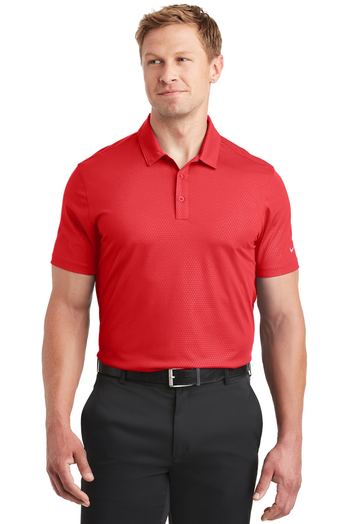 Front View of University Red Nike Dri-FIT Embossed Tri-Blade Polo. 838964 plain