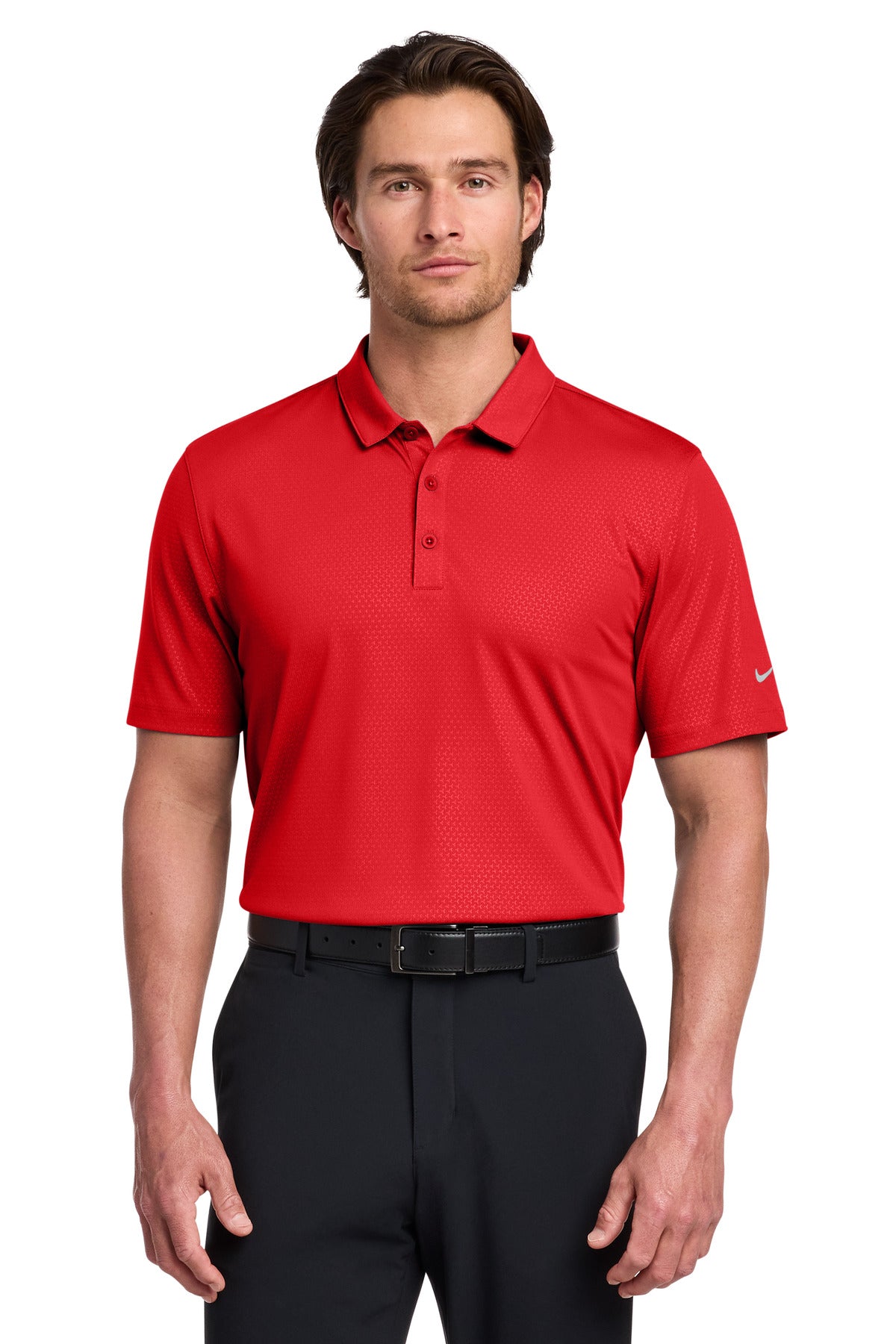 Front View of University Red Nike Dri-FIT Embossed Tri-Blade Polo. 838964 plain