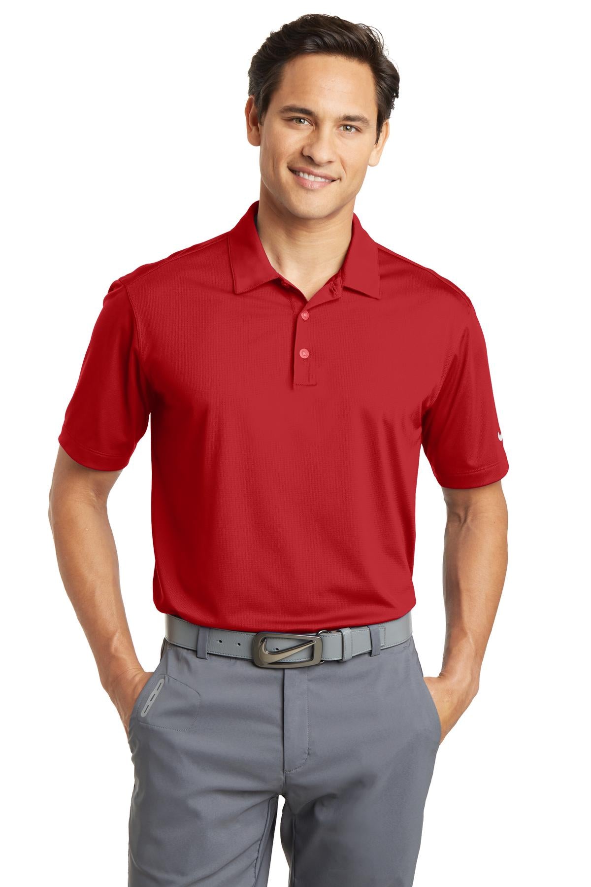 Front View of University Red Nike Dri-FIT Vertical Mesh Polo. 637167 plain