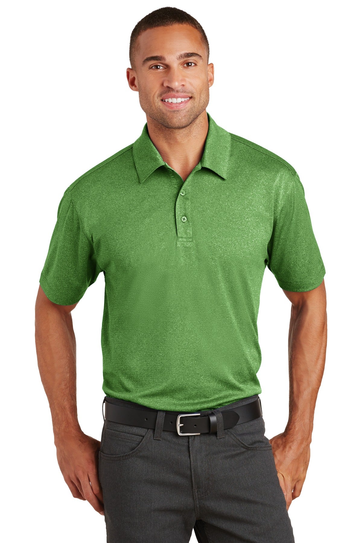 Front View of Vine Green Hth Port Authority Trace Heather Polo. K576 plain