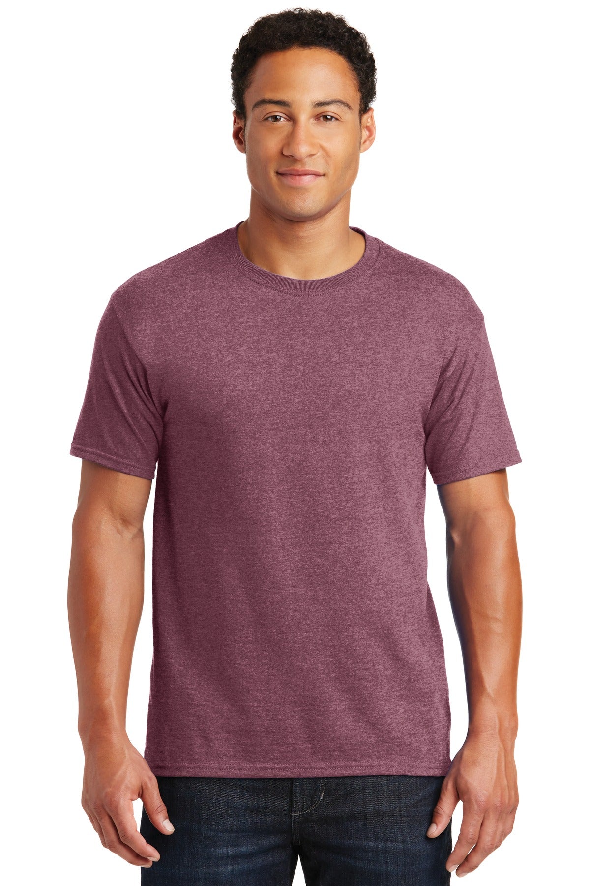 Front View of Vntg He Maroon Jerzees - Dri-Power 50/50 Cotton/Poly T-Shirt. 29M plain