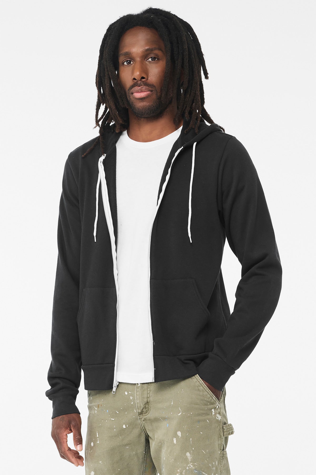 Front View of VtgBlack BELLA+CANVAS Unisex Sponge Fleece Full-Zip Hoodie. BC3739 plain