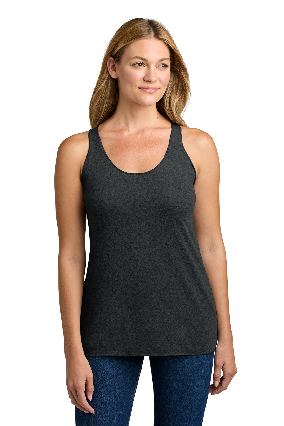 Front View of VtgBlack Next Level Apparel Women's Tri-Blend Racerback Tank. NL6733 plain