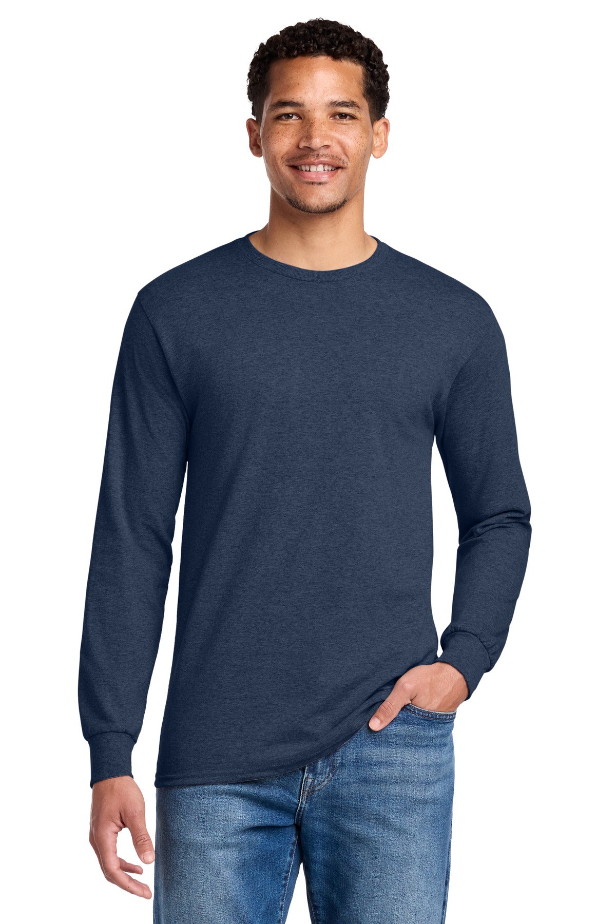 Front View of VtgHtrNavy Jerzees - Dri-Power 50/50 Cotton/Poly Long Sleeve T-Shirt. 29LS plain