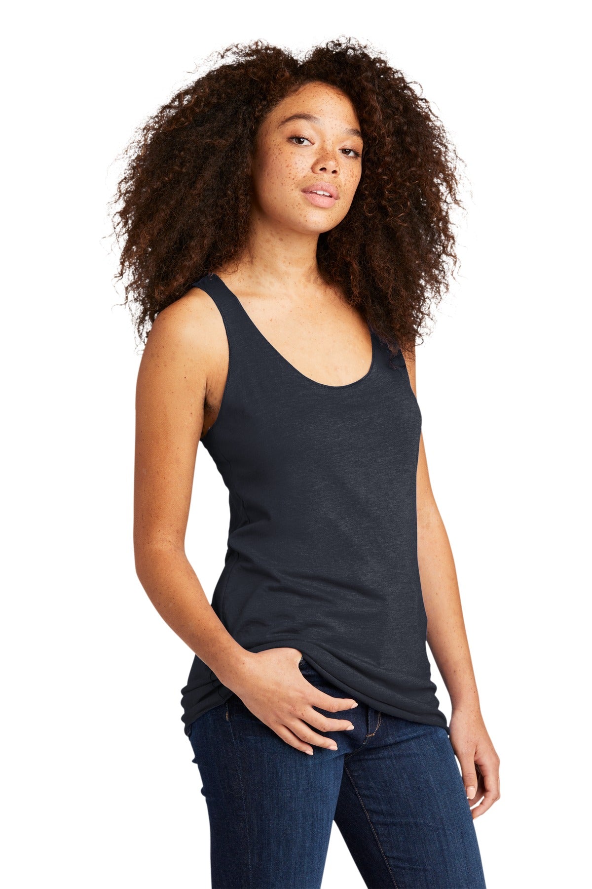 Front View of VtgNavy Next Level Apparel Women's Tri-Blend Racerback Tank. NL6733 plain