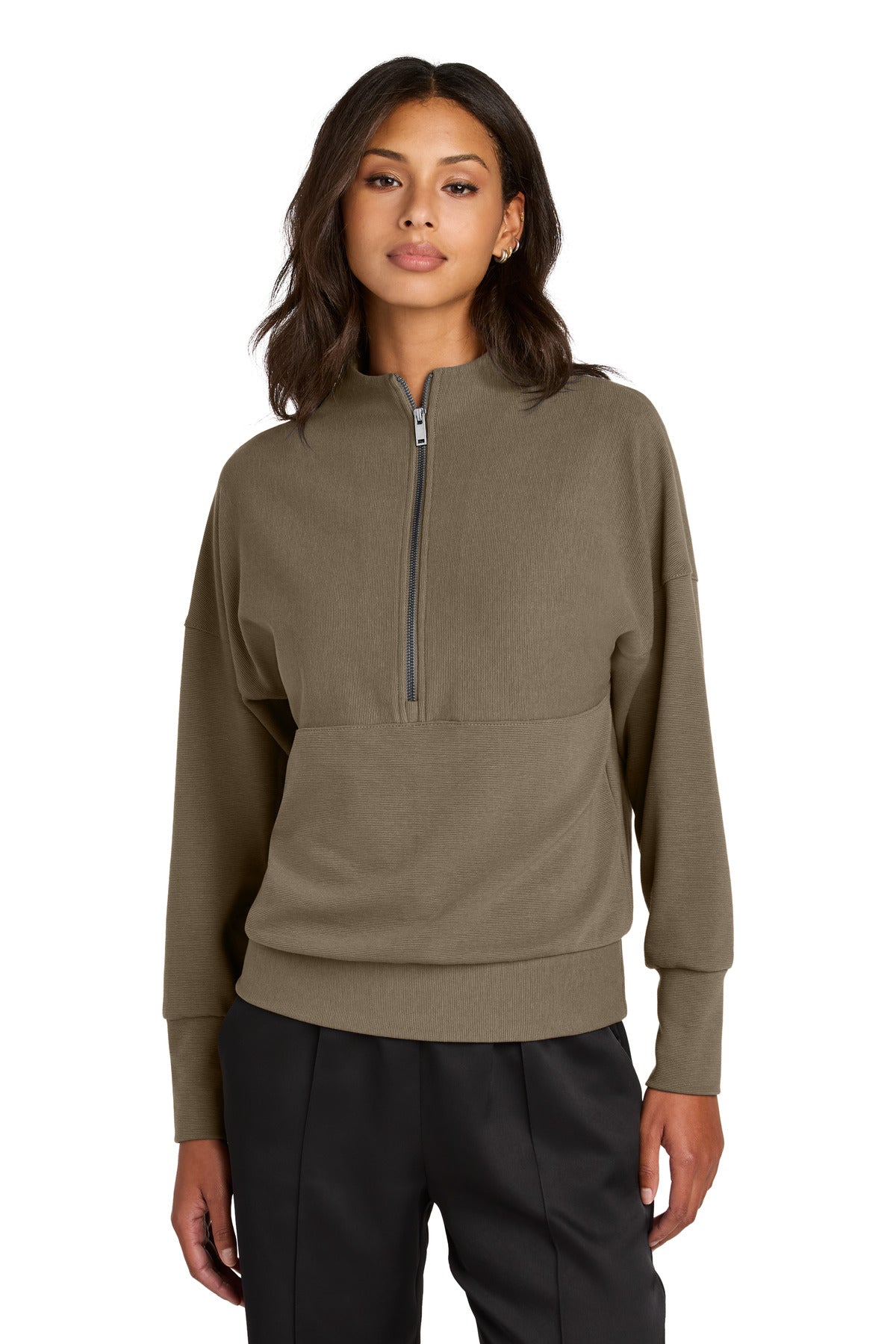 Front View of WarmTaupe Mercer+Mettle Women's Linear Texture 1/4-Zip MM3041 plain