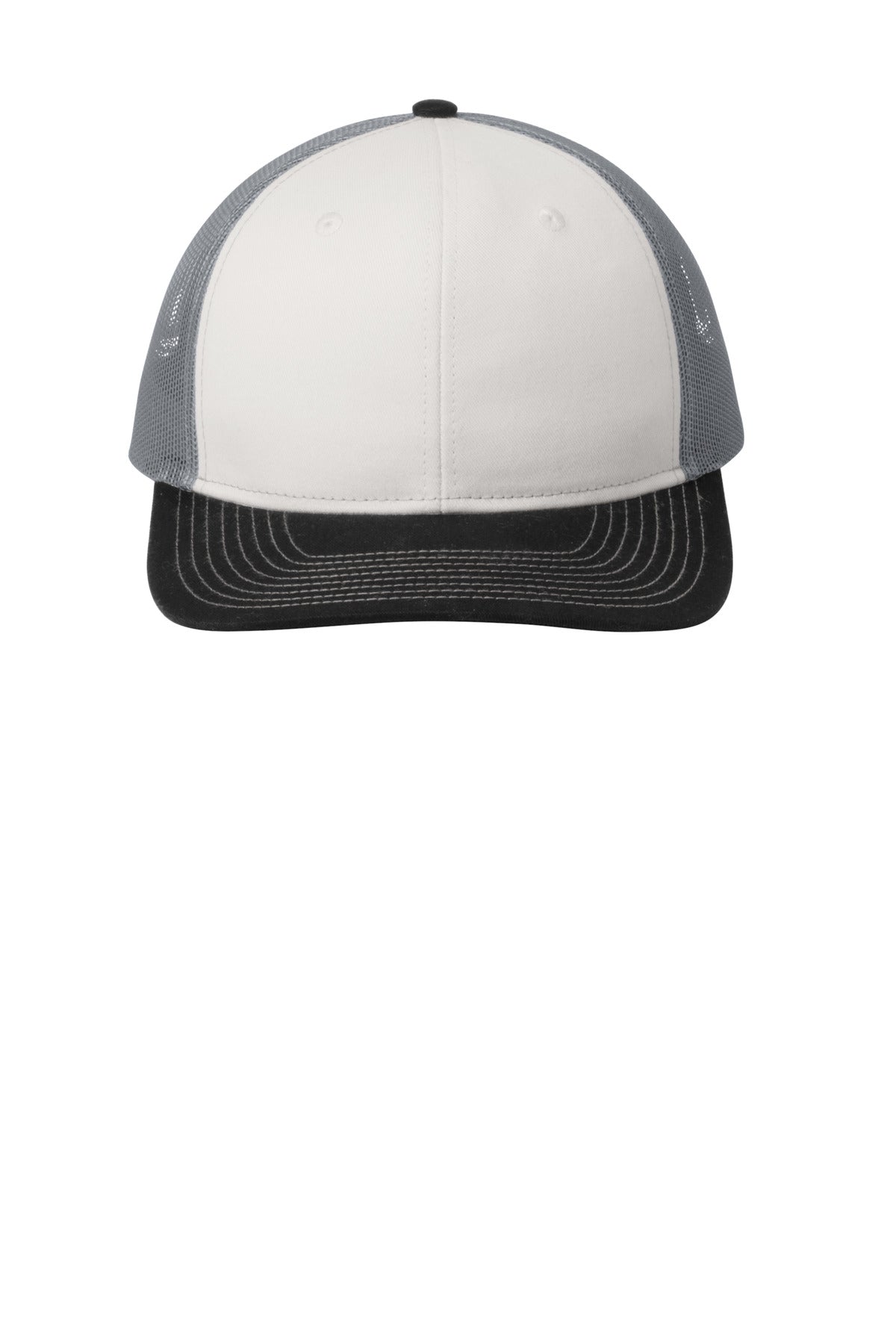Front View of Wh/Bk/GsGy Port Authority Snapback Trucker Cap. C402 plain