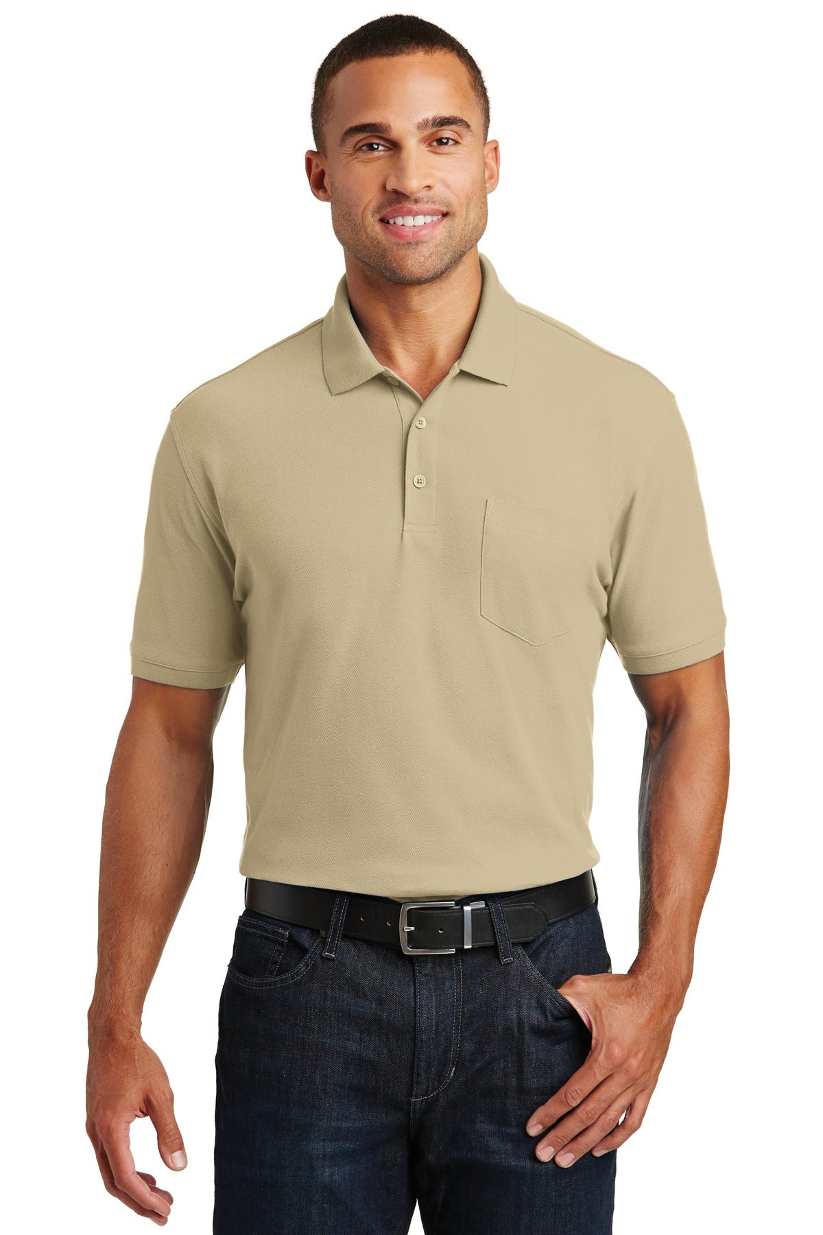 Front View of Wheat Port Authority Core Classic Pique Pocket Polo. K100P plain