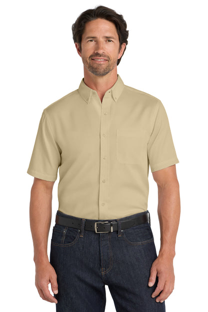 Front View of Wheat Port Authority Short Sleeve SuperPro React Twill Shirt. W809 plain