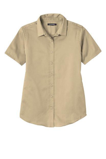 Front View of Wheat Port Authority Women's Short Sleeve SuperPro React Twill Shirt. LW809 plain