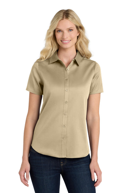 Front View of Wheat Port Authority Women's Short Sleeve SuperPro React Twill Shirt. LW809 plain