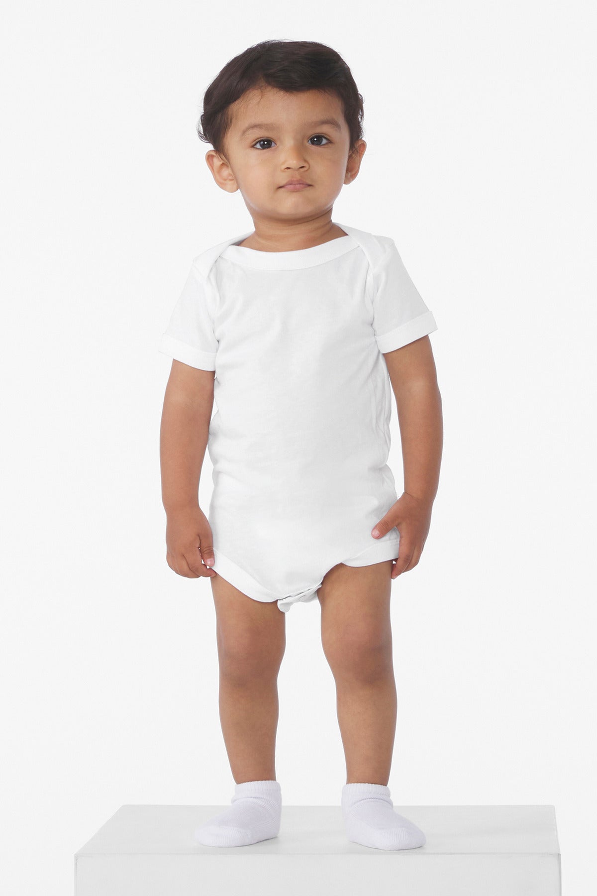 Front View of White BELLA+CANVAS Infant Jersey Short Sleeve One Piece BC100B plain