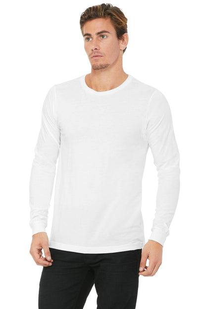 Front View of White BELLA+CANVAS Unisex Jersey Long Sleeve Tee. BC3501 plain