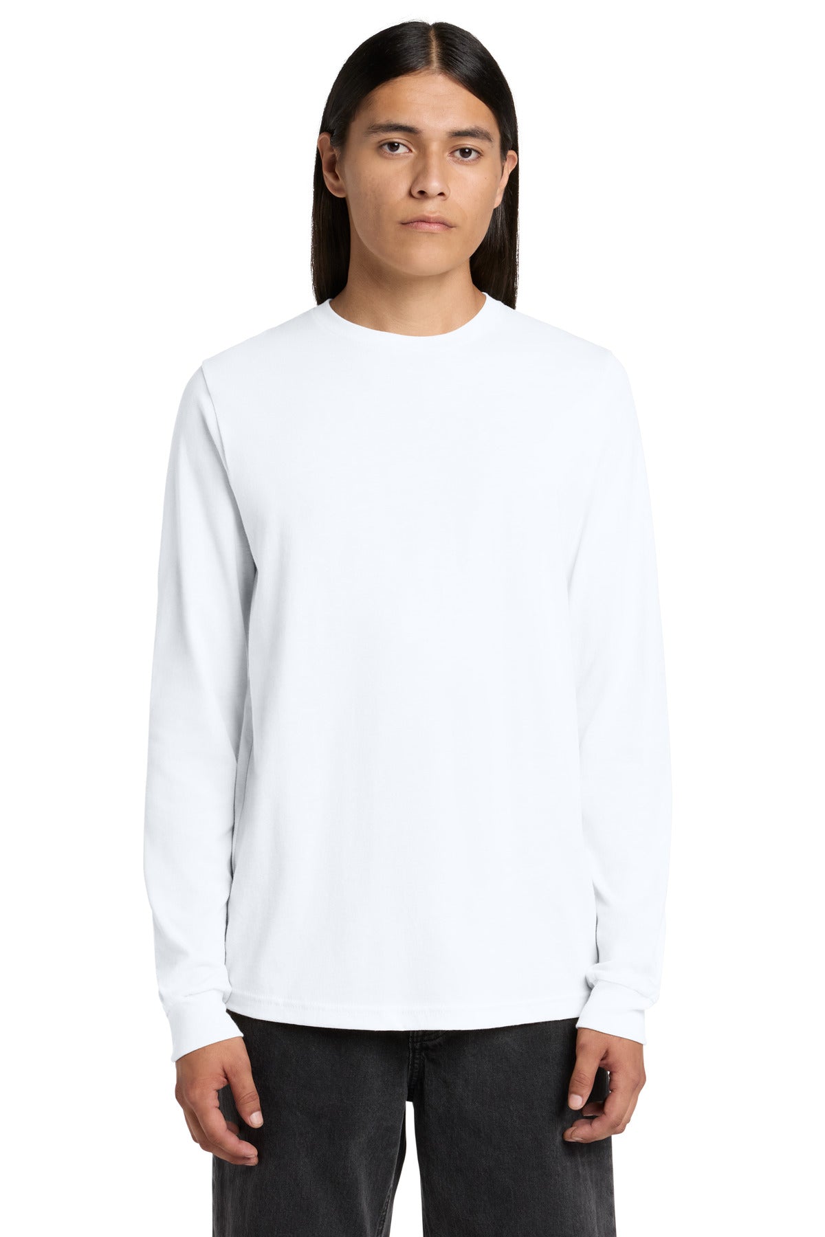 Front View of White BELLA+CANVAS Unisex Jersey Long Sleeve Tee. BC3501 plain