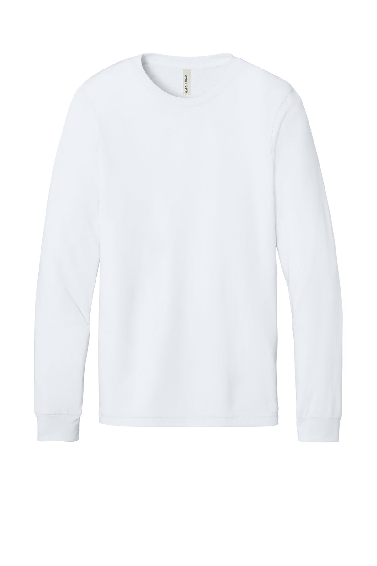 Front View of White BELLA+CANVAS Unisex Jersey Long Sleeve Tee. BC3501 plain