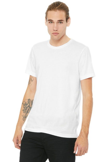 Front View of White BELLA+CANVAS Unisex Poly-Cotton Short Sleeve Tee. BC3650 plain