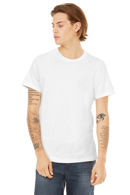 Front View of White BELLA+CANVAS Unisex Poly-Cotton Short Sleeve Tee. BC3650 plain