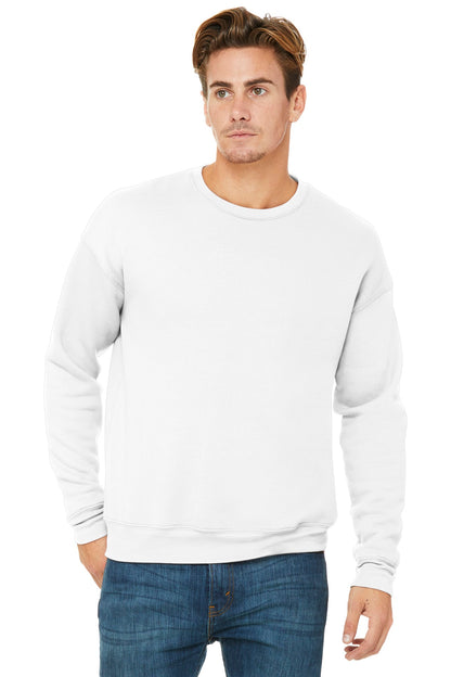 Front View of White BELLA+CANVAS Unisex Sponge Fleece Drop Shoulder Sweatshirt. BC3945 plain