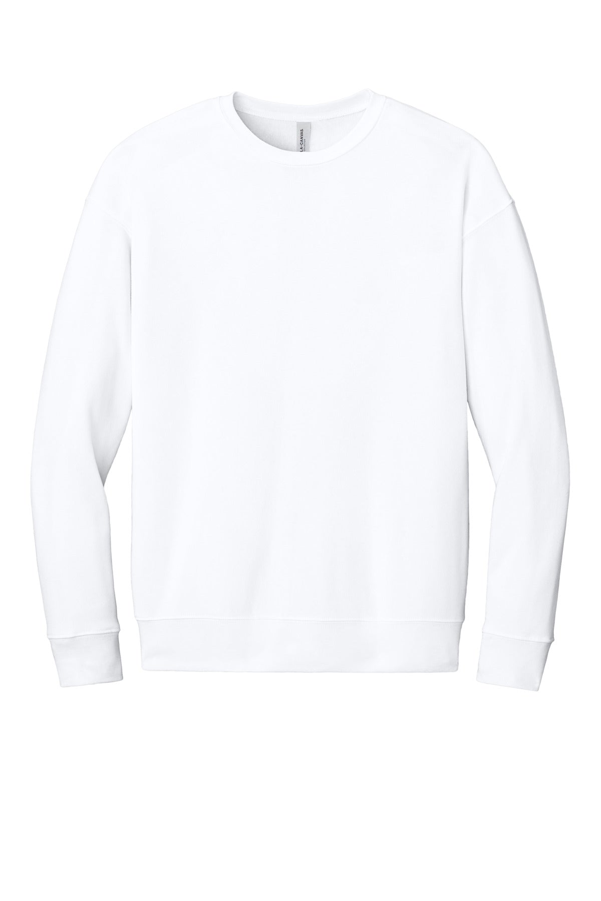 Front View of White BELLA+CANVAS Unisex Sponge Fleece Drop Shoulder Sweatshirt. BC3945 plain
