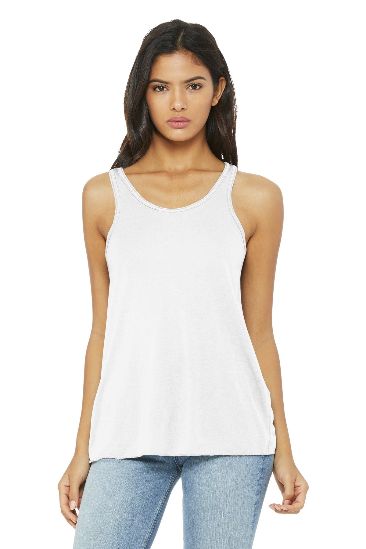Front View of White BELLA+CANVAS Women's Flowy Racerback Tank. BC8800 plain