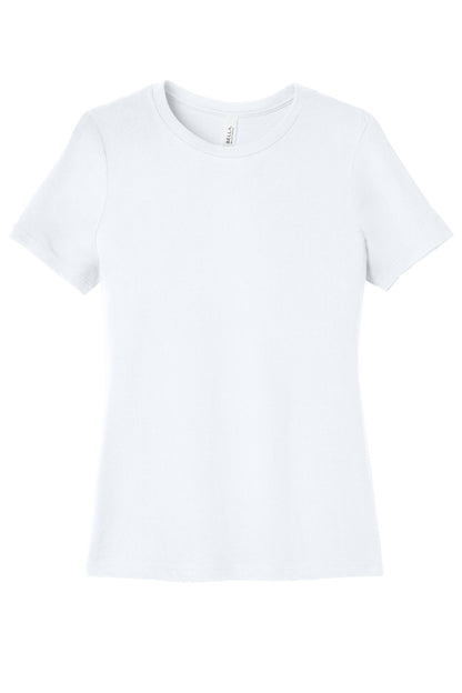 Front View of White BELLA+CANVAS Women's Relaxed Jersey Short Sleeve Tee. BC6400 plain