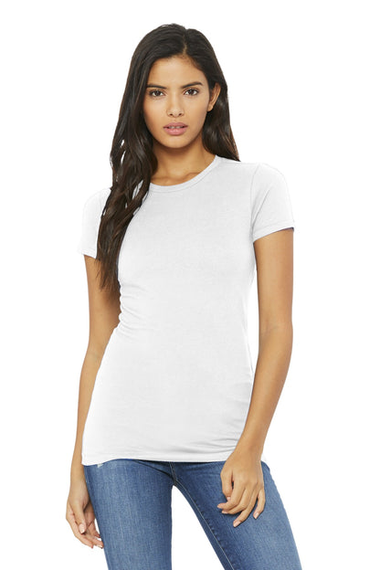 Front View of White BELLA+CANVAS Women's Slim Fit Tee. BC6004 plain