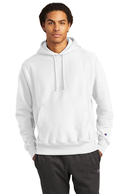Front View of White Champion Reverse Weave Hooded Sweatshirt S101 plain