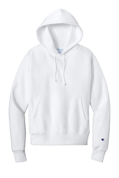 Front View of White Champion Reverse Weave Hooded Sweatshirt S101 plain