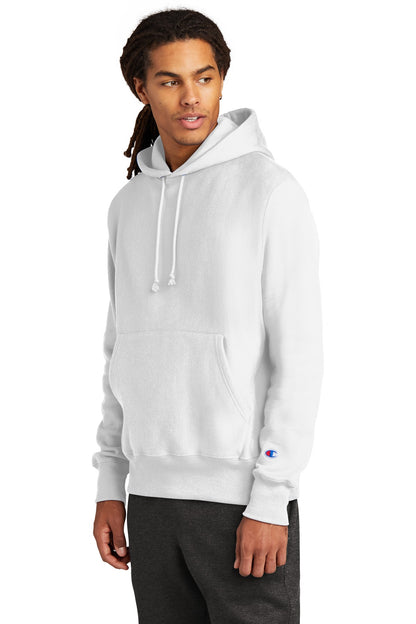 Front View of White Champion Reverse Weave Hooded Sweatshirt S101 plain