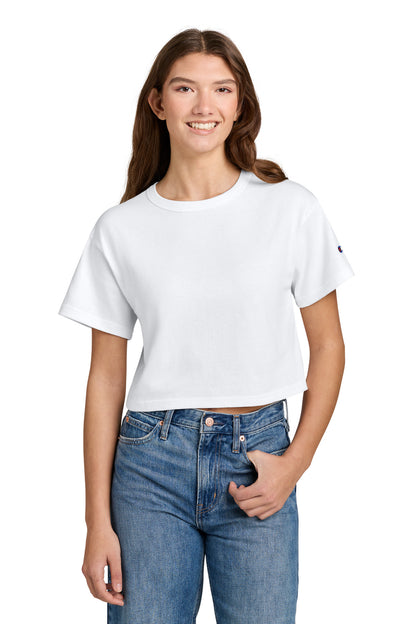 Front View of White Champion Women's Cropped Heritage Tee T453W plain