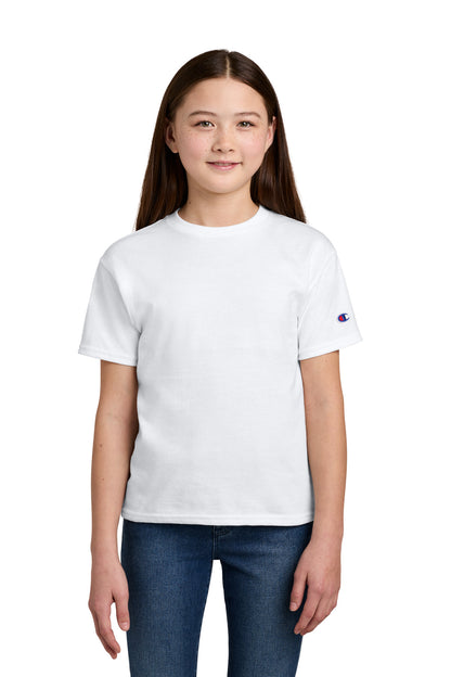 Front View of White Champion Youth Jersey Short Sleeve Tee CH1081 plain