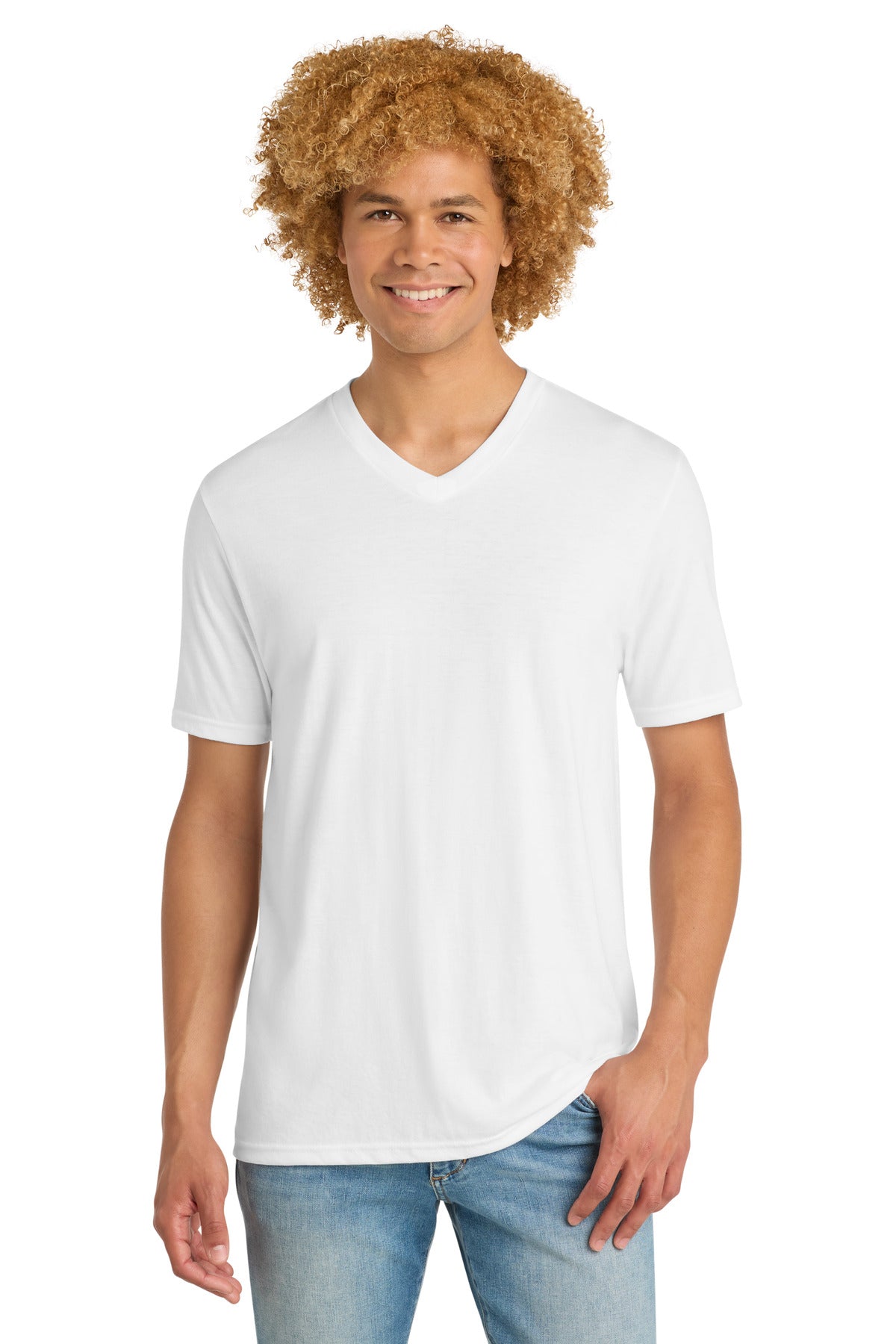 Front View of White District Perfect Tri V-Neck Tee. DT1350 plain