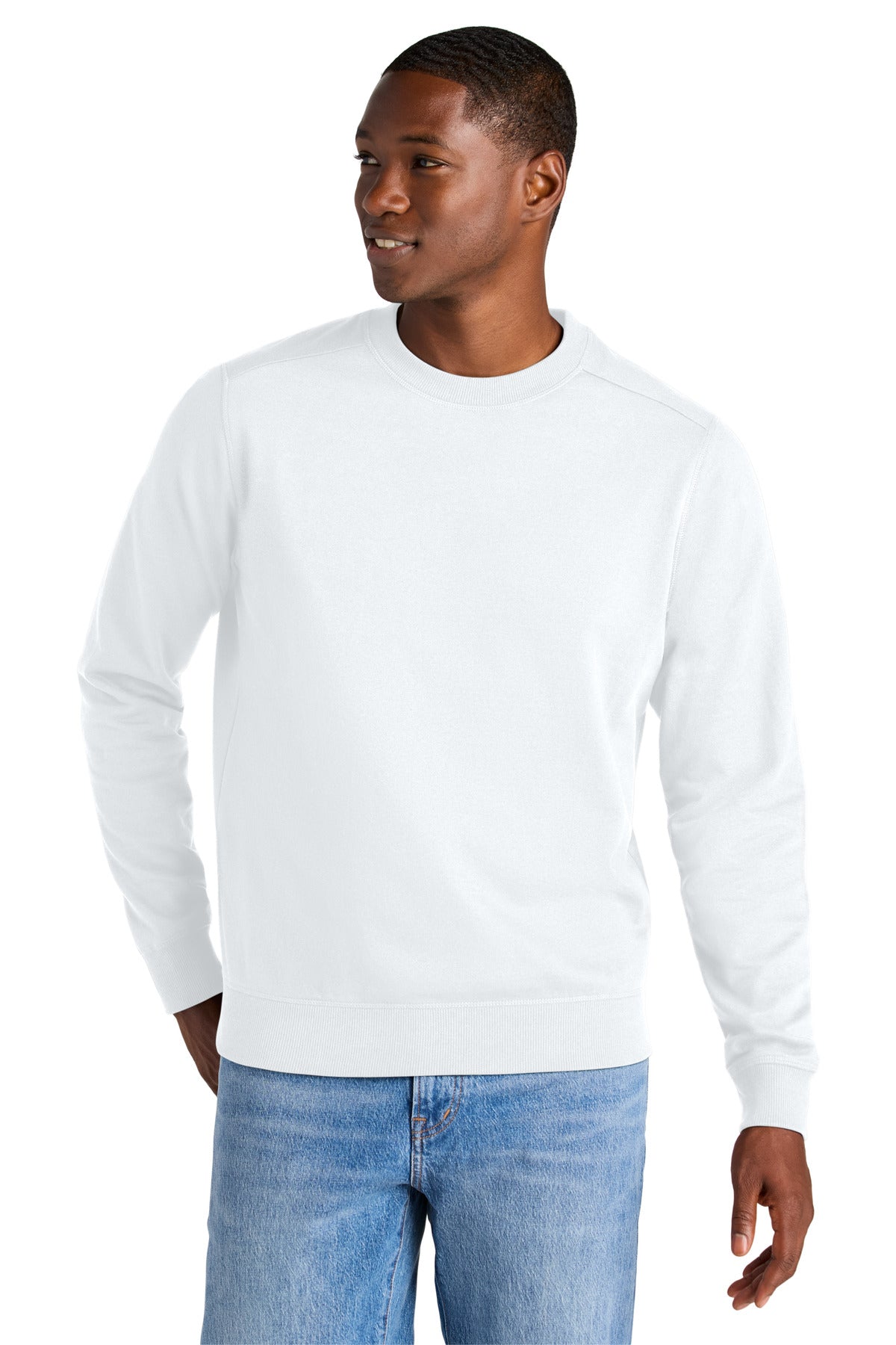 Front View of White District Re-Fleece Crew DT8104 plain