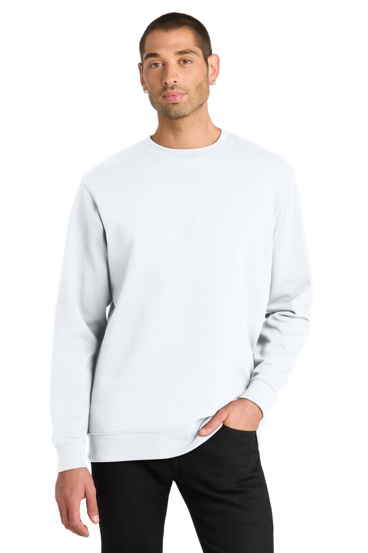 Front View of White District V.I.T. Fleece Crew DT6104 plain