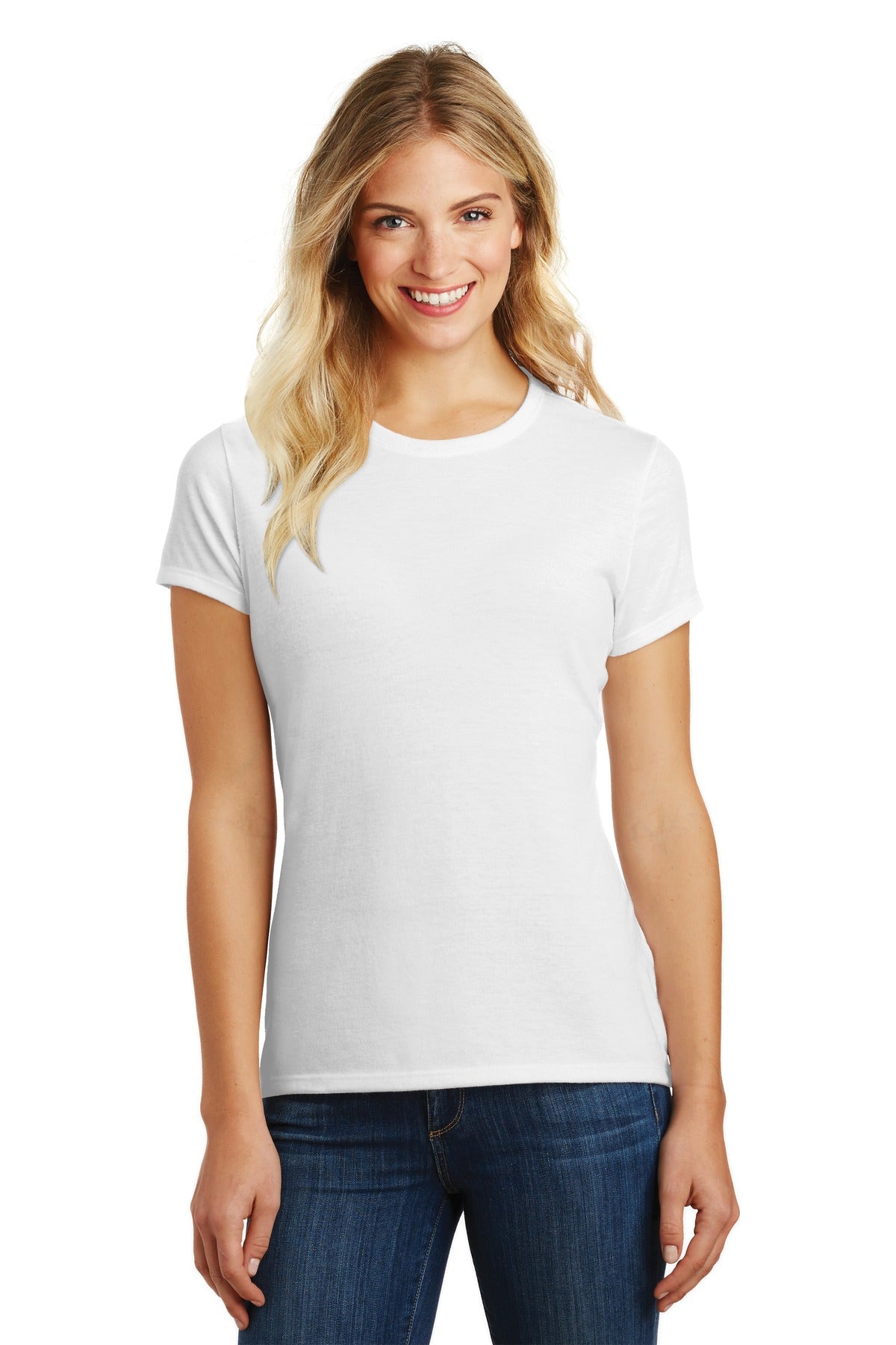 Front View of White District Women's Perfect Blend CVC Tee. DM108L plain