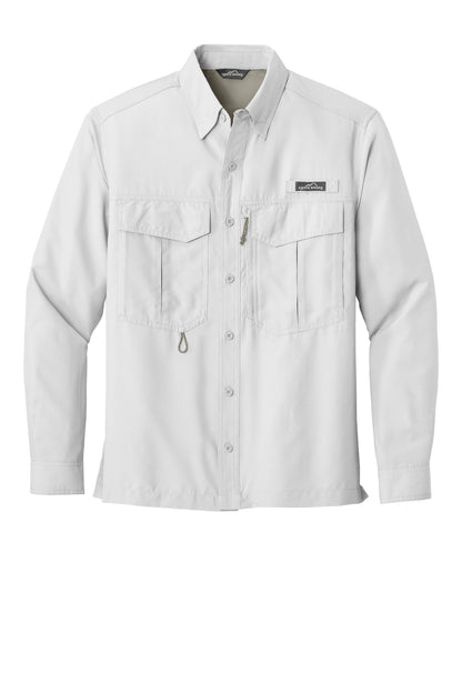Front View of White Eddie Bauer - Long Sleeve Performance Fishing Shirt. EB600 plain
