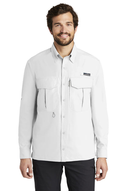 Front View of White Eddie Bauer - Long Sleeve Performance Fishing Shirt. EB600 plain