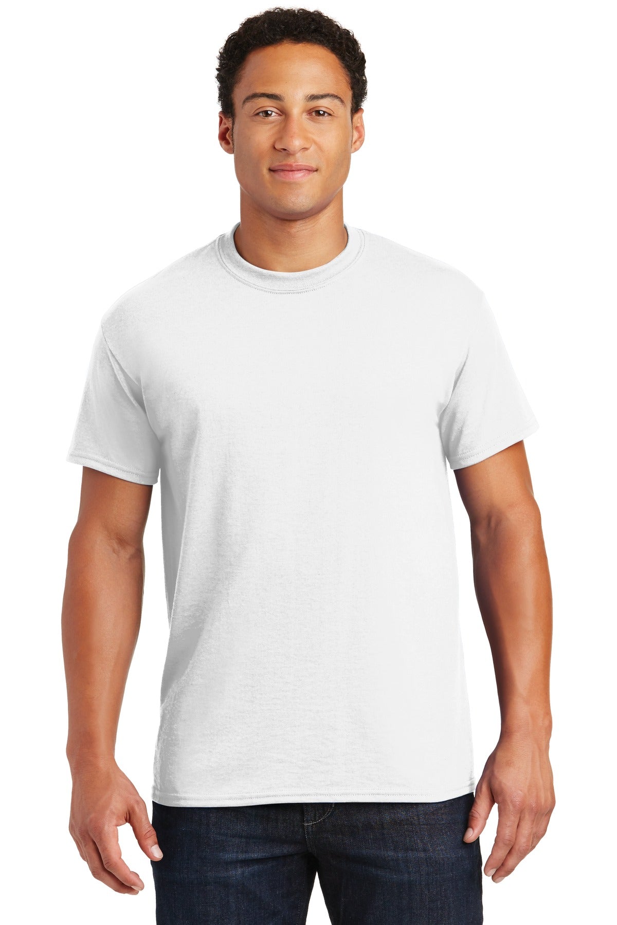 Front View of White Gildan DryBlend 50 Cotton/50 Poly T-Shirt. 8000 plain