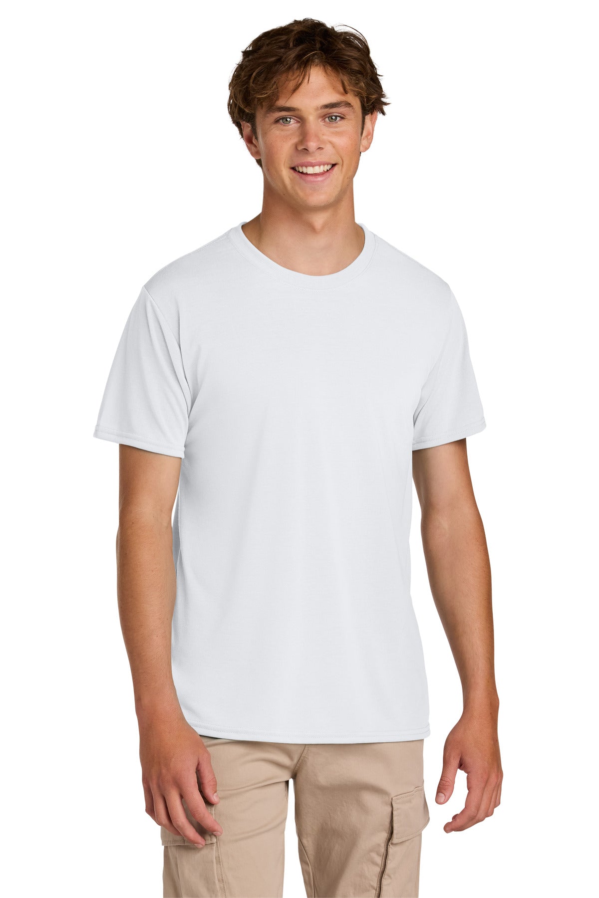 Front View of White Gildan Gildan Performance T-Shirt. 42000 plain