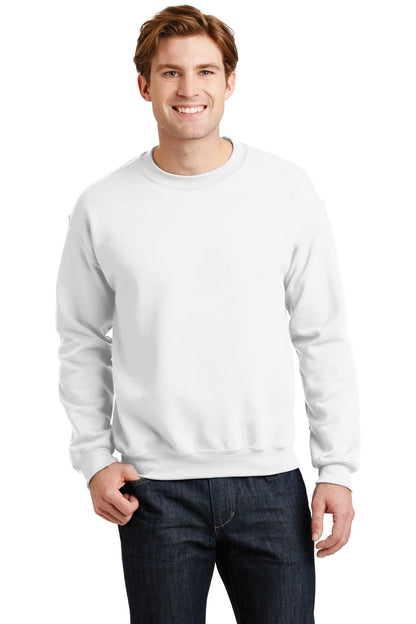 Front View of White Gildan Heavy Blend Crewneck Sweatshirt. 18000 plain