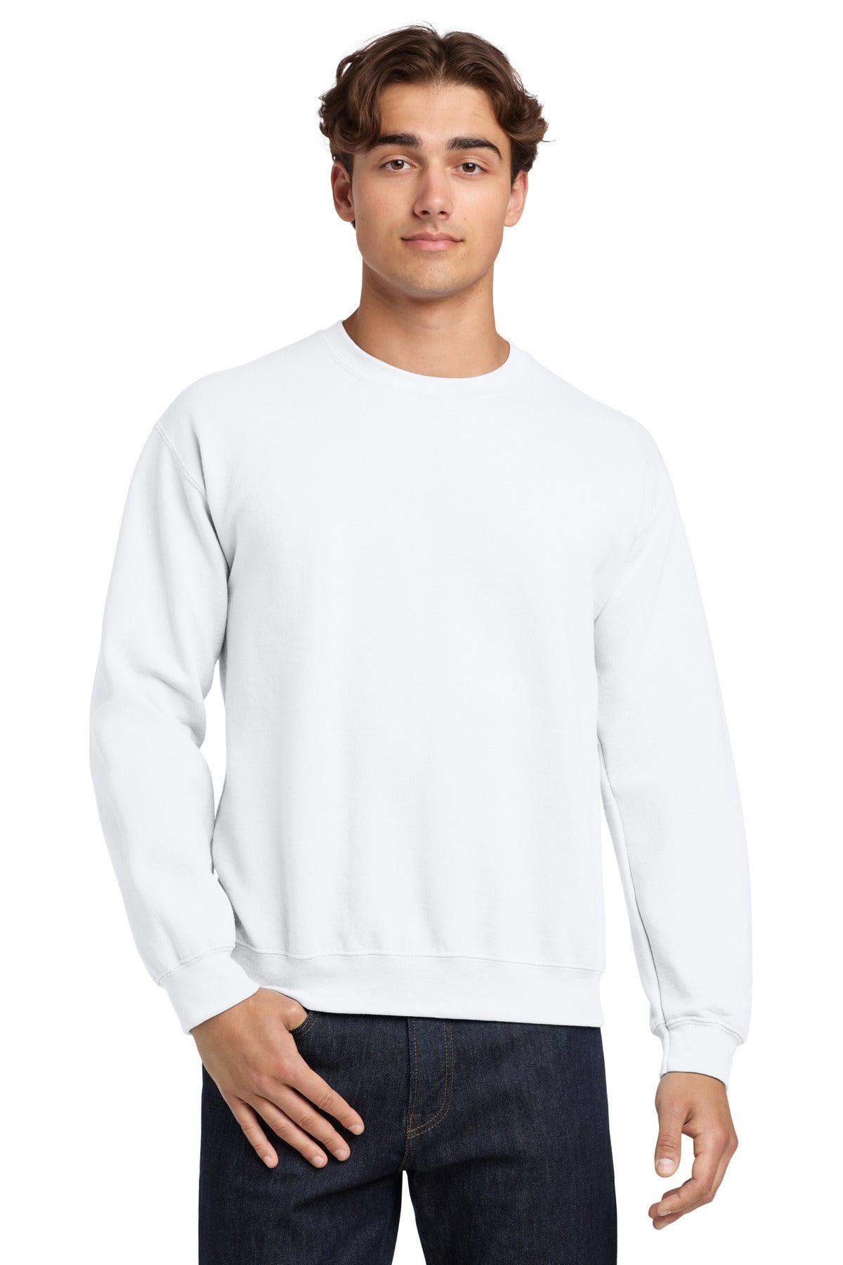 Front View of White Gildan Heavy Blend Crewneck Sweatshirt. 18000 plain