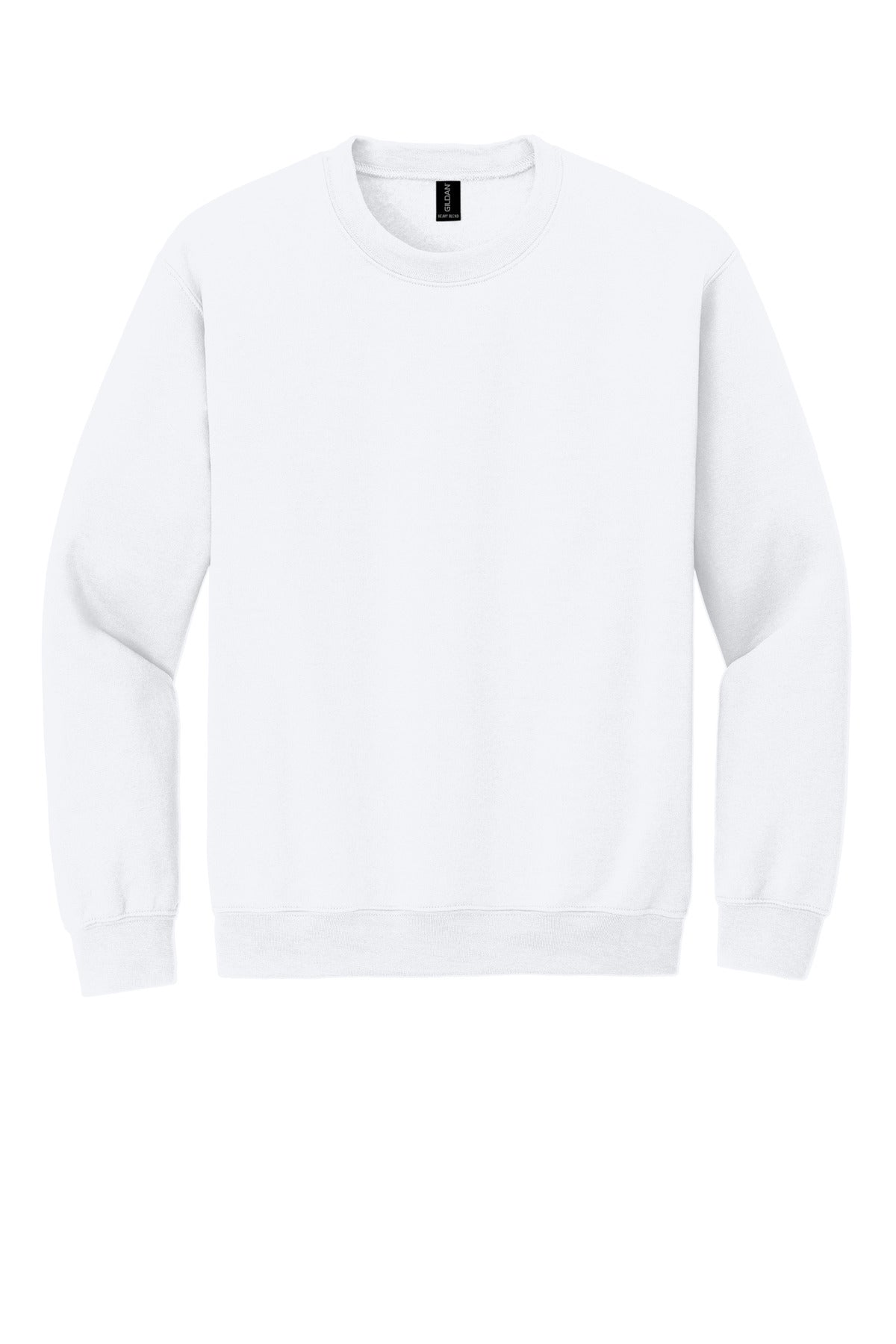 Front View of White Gildan Heavy Blend Crewneck Sweatshirt. 18000 plain