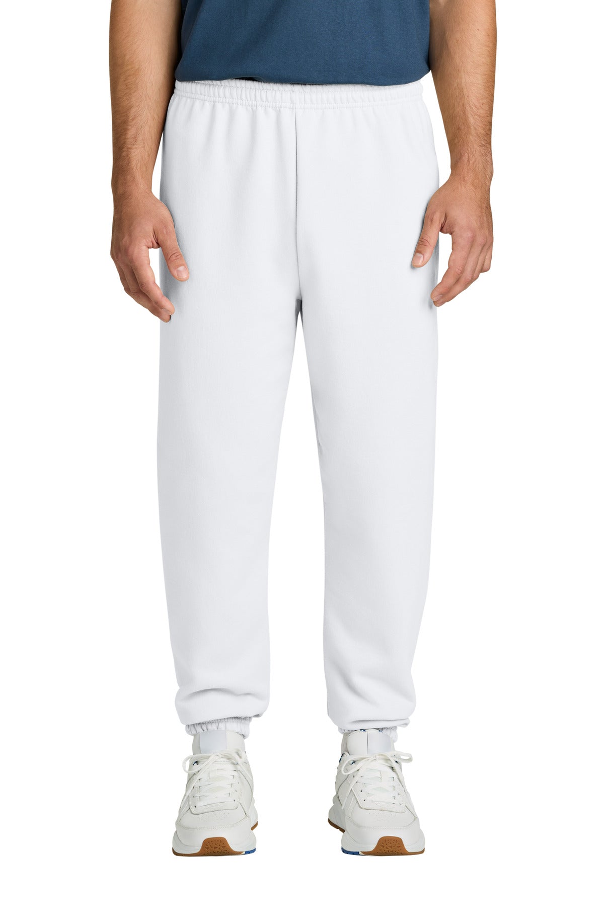Front View of White Gildan Heavy Blend Sweatpant. 18200 plain