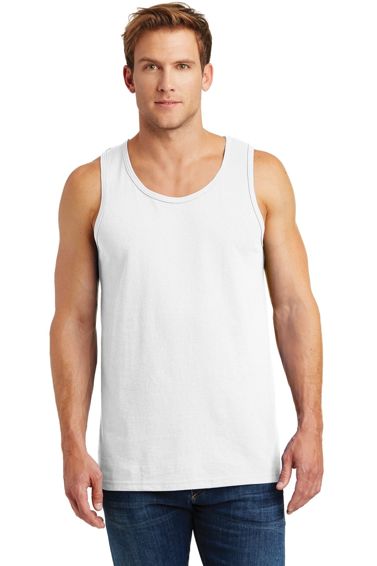 Front View of White Gildan Heavy Cotton Tank Top. G5200 plain