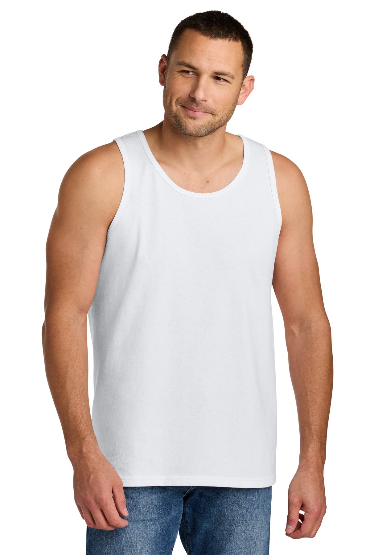Front View of White Gildan Heavy Cotton Tank Top. G5200 plain