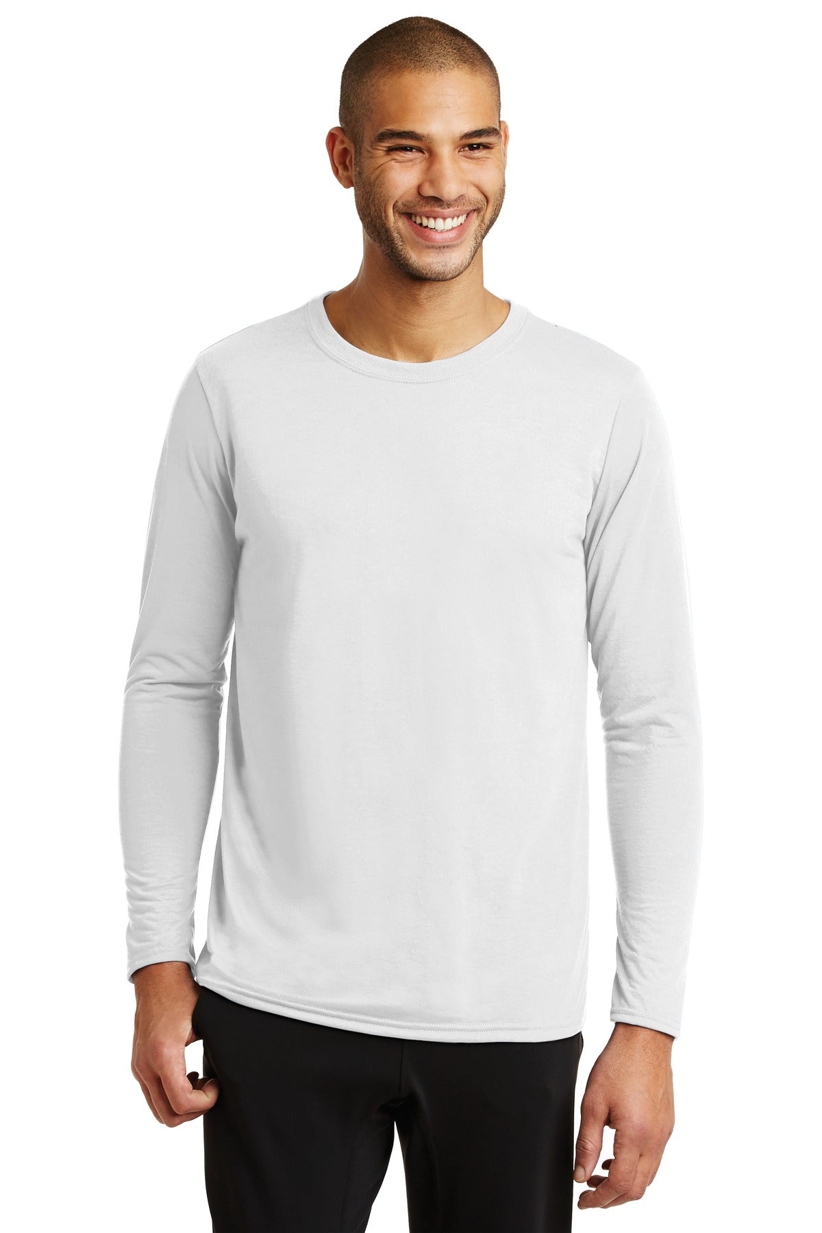 Front View of White Gildan Performance Long Sleeve T-Shirt. 42400 plain