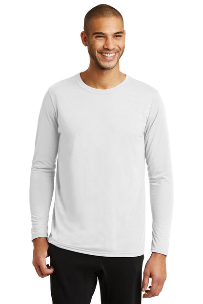 Front View of White Gildan Performance Long Sleeve T-Shirt. 42400 plain