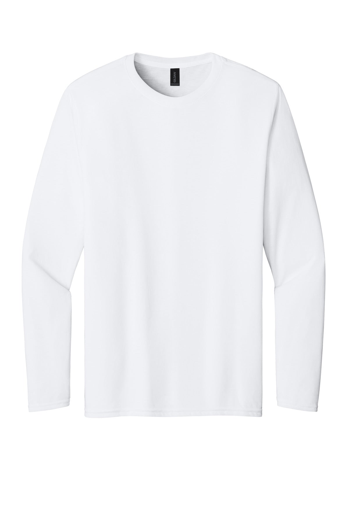 Front View of White Gildan Performance Long Sleeve T-Shirt. 42400 plain