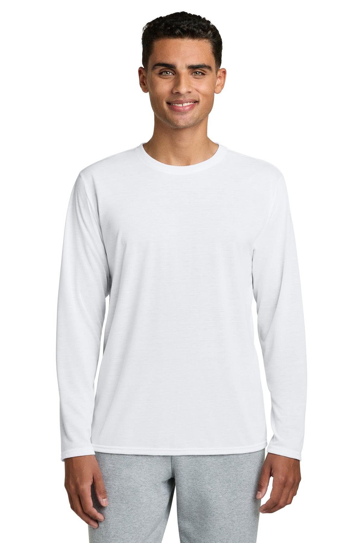 Front View of White Gildan Performance Long Sleeve T-Shirt. 42400 plain
