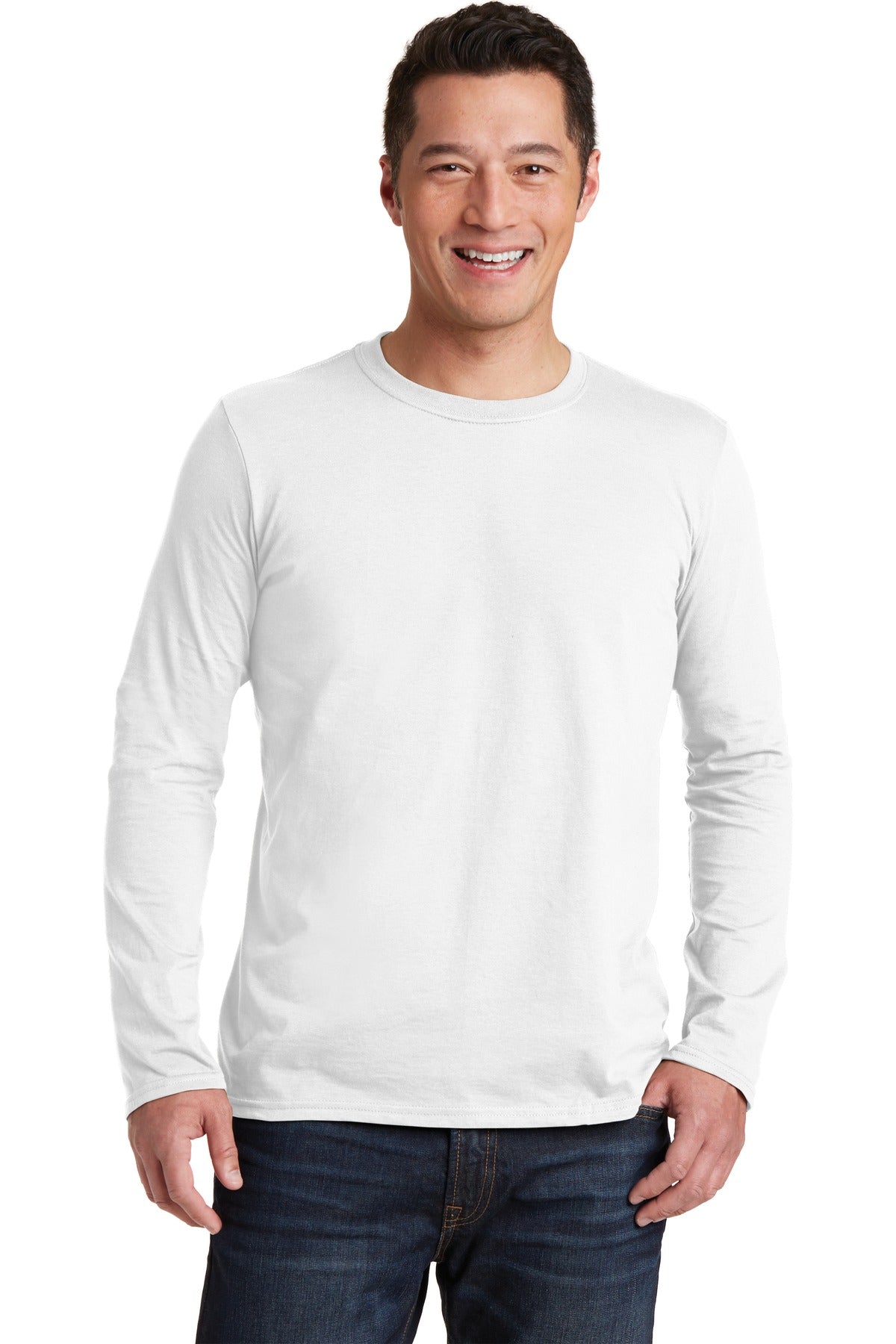 Front View of White Gildan Softstyle Long Sleeve T-Shirt. 64400 plain